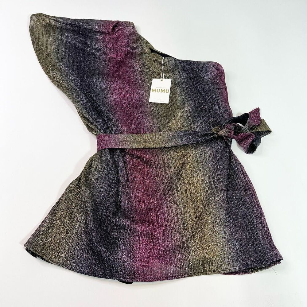 Show Me Your Mumu Mini Dress Women's Small One-Shoulder Rainbow Glitz Stripe NWT